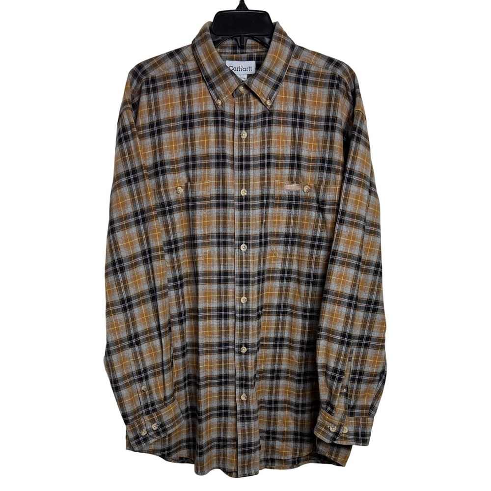 Carhartt Plaid Flannel Button Down Mens Large Brown Long Sleeve Work Shirt F06 - Picture 2 of 12